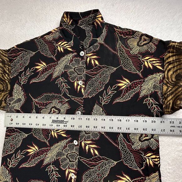 Vintage Womens Black & Gold Floral Short Sleeve Button-Up Shirt  Mandarin Collar - Picture 4 of 5